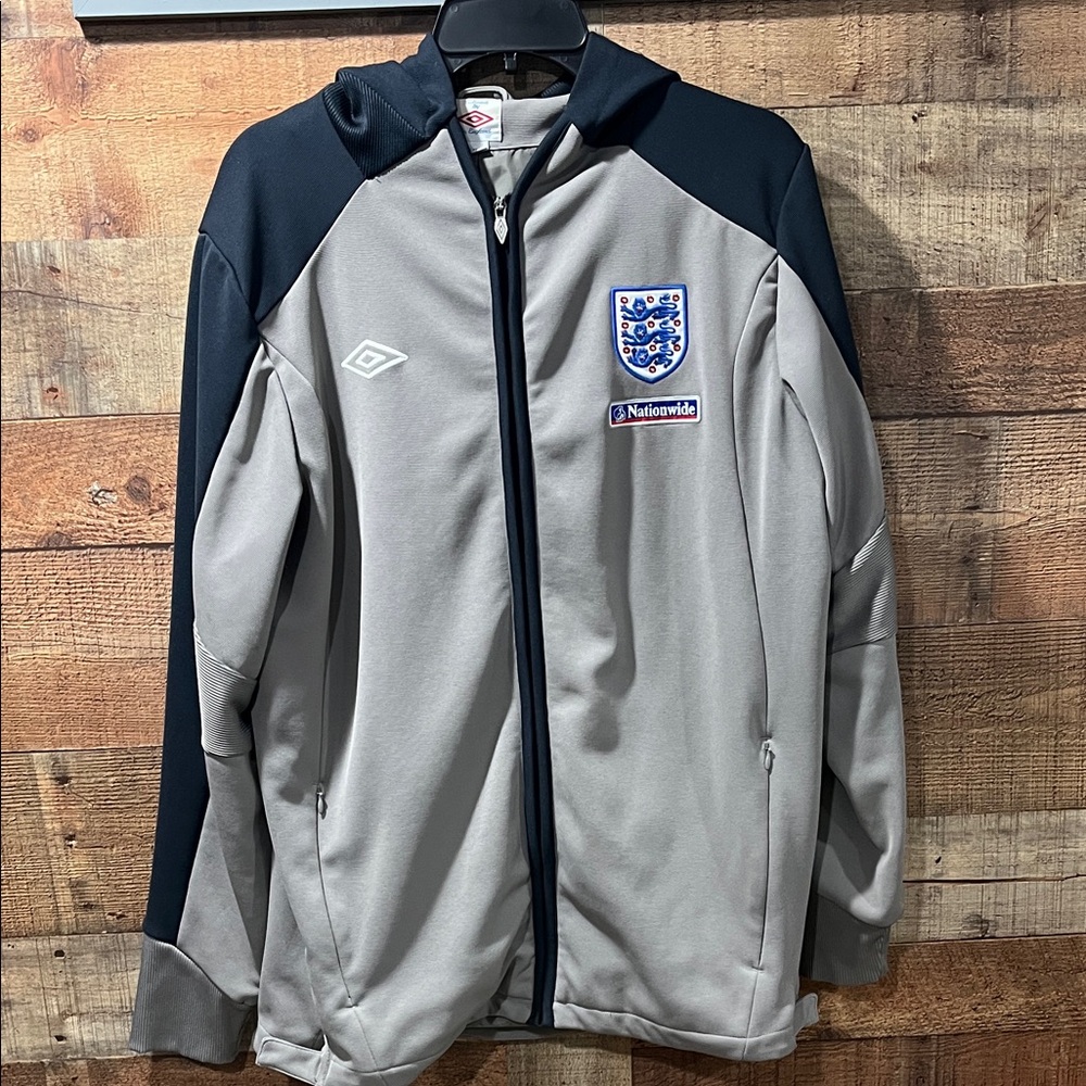 England Umbro Hooded Track Jacket in grey with navy accents men's large